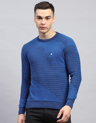 MONTE CARLO Self Design Round Neck Casual Men Blue Sweater