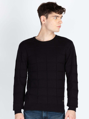Status Quo Solid Round Neck Casual Men Black Sweater