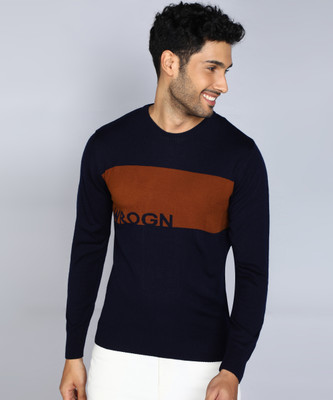 WROGN Printed Round Neck Casual Men Blue, Brown Sweater