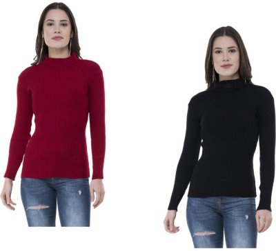 IndiWeaves Solid High Neck Casual Women Maroon, Black Sweater