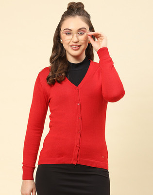 MONTE CARLO Solid V Neck Casual Women Red Sweater