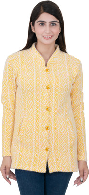 avmay Geometric Print Collared Neck Casual Women Yellow Sweater