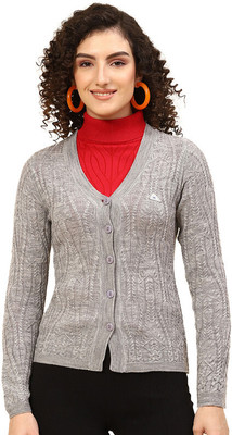MONTE CARLO Self Design V Neck Casual Women Grey Sweater