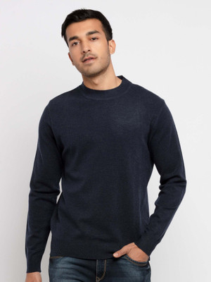 Status Quo Solid High Neck Casual Men Blue Sweater