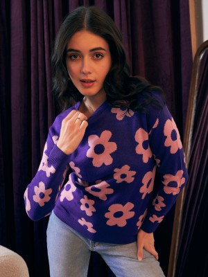 Berrylush Printed Round Neck Casual Women Purple Sweater