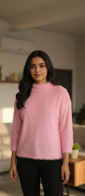 SREEN LAYERZZ Solid Round Neck Casual Women Pink Sweater