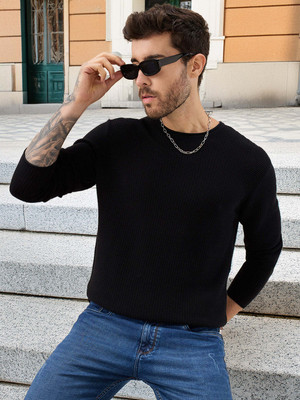 Status Quo Solid, Self Design Round Neck Casual Men Black Sweater