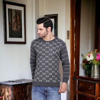 GLAUCUS Printed Boat Neck Casual Men Grey Sweater