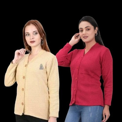 LUXURIOUS DESIGN Self Design V Neck Casual Women Beige, Pink Sweater