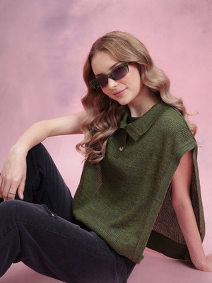 Dressberry Self Design Collared Neck Casual Women Green Sweater