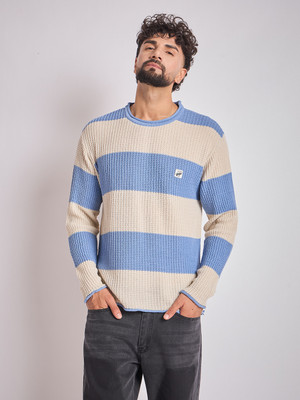 FUGAZEE Striped Round Neck Casual Men Blue Sweater