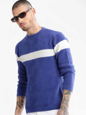 SHOWOFFFF Solid Round Neck Casual Men Blue, White Sweater