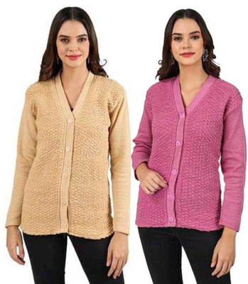 Shunit creation Printed V Neck Casual Women Beige, Pink Sweater