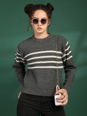 CHEMISTRY Striped, Self Design Round Neck Casual Women Grey Sweater