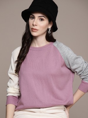 Roadster Colorblock Round Neck Casual Women Pink Sweater