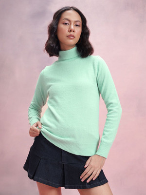 Dressberry Self Design Turtle Neck Casual Women Green Sweater