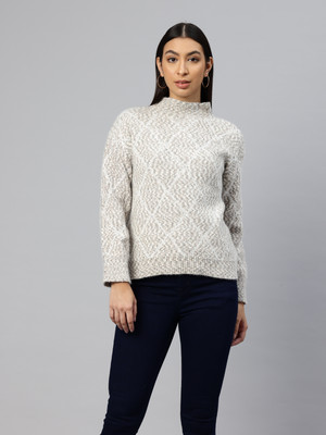 PIERRE CARLO Geometric Print Turtle Neck Casual Women White Sweater