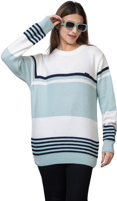 WAY TO TRENDY Striped Round Neck Casual Women Light Green Sweater