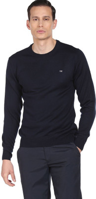 Arrow Sport Solid Round Neck Casual Men Blue Sweater