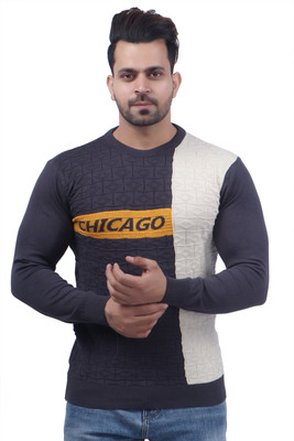 FEVERFEW Self Design Round Neck Casual Men Grey Sweater