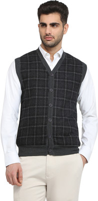 COLORPLUS Checkered V Neck Casual Men Grey Sweater