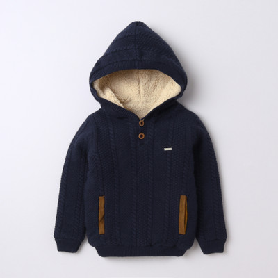 Yellow Apple Self Design Hooded Neck Casual Boys Dark Blue Sweater