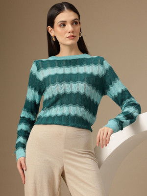 CHEMISTRY Self Design Round Neck Casual Women Blue Sweater