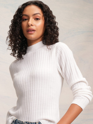 Tokyo Talkies Solid High Neck Casual Women White Sweater