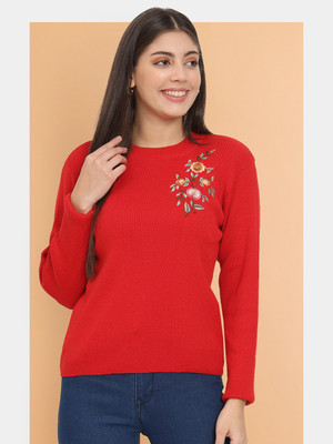 CLAPTON Printed Round Neck Casual Women Red Sweater