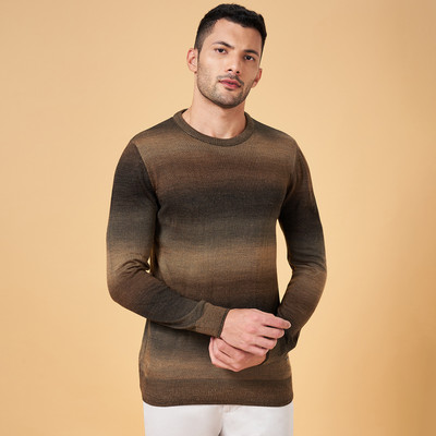 Byford by Pantaloons Striped Round Neck Casual Men Brown Sweater