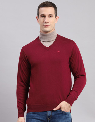 MONTE CARLO Solid V Neck Casual Men Maroon Sweater