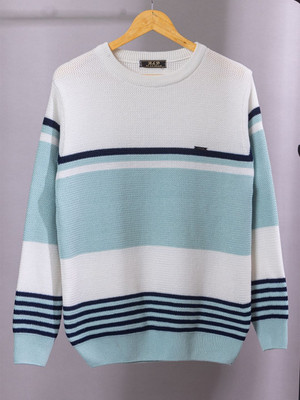 WAY TO TRENDY Striped Round Neck Casual Men Light Green Sweater