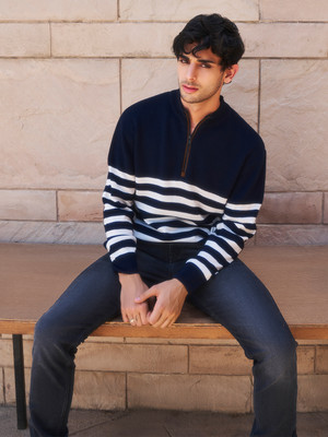 CRIMSOUNE CLUB Woven Round Neck Casual Men Blue, White Sweater