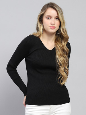 MONTE CARLO Solid V Neck Casual Women Black Sweater