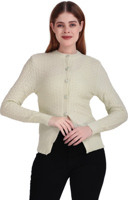 BRAZO Self Design Round Neck Casual Women White Sweater