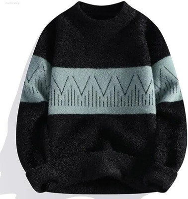 Ucollection Geometric Print Round Neck Casual Men Black Sweater