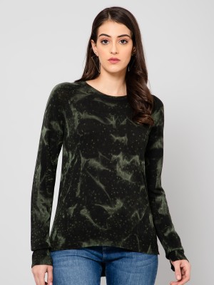 Crozo By Cantabil Printed Round Neck Casual Women Green Sweater