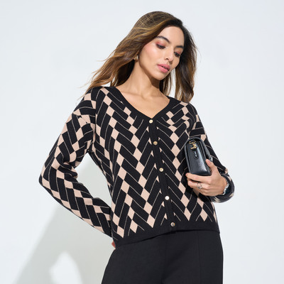 Annabelle by Pantaloons Geometric Print V Neck Casual Women Black Sweater