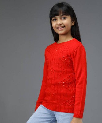 SwellSwag Embellished Round Neck Casual Girls Red Sweater