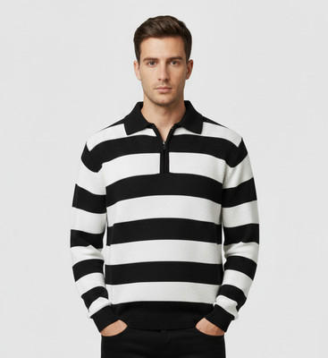 klein blue Striped Collared Neck Casual Men Black Sweater