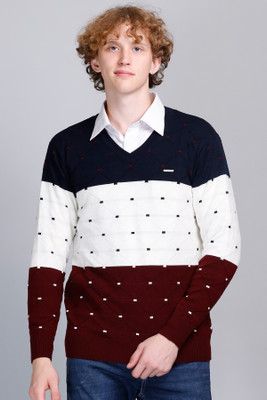 GODFREY Colorblock V Neck Casual Men Maroon Sweater