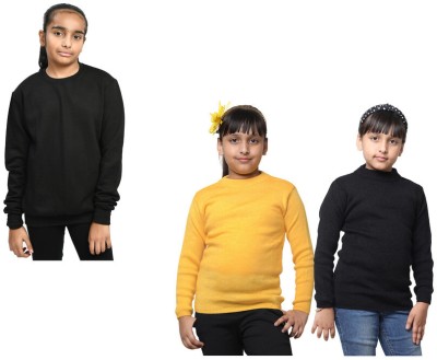 KAVYA Solid Round Neck Casual Girls Black, Yellow Sweater