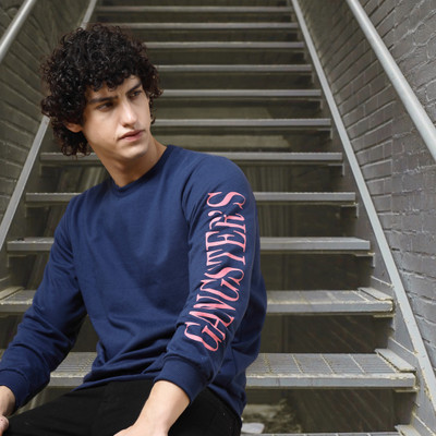 RIGO Printed, Graphic Print Round Neck Casual Men Blue Sweater