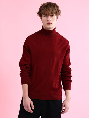 The Indian Garage Co. Solid Turtle Neck Casual Men Red Sweater