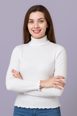Mangeet Originals Solid High Neck Casual Women White Sweater