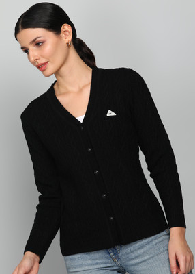 MONTE CARLO Self Design V Neck Casual Women Black Sweater