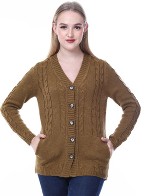 NOQUO Self Design V Neck Casual Women Brown Sweater