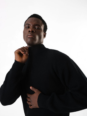Hubberholme Self Design High Neck Casual Men Black Sweater