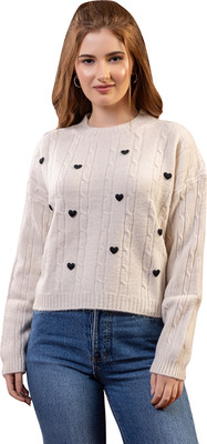 GFO Printed Round Neck Casual Women Beige Sweater