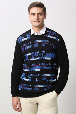 PETER ENGLAND Self Design Round Neck Casual Men Black Sweater